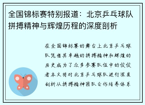 全国锦标赛特别报道：北京乒乓球队拼搏精神与辉煌历程的深度剖析
